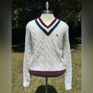 Vintage Lacoste Cable Knit V-Neck Sweater White Tennis Style Size L
